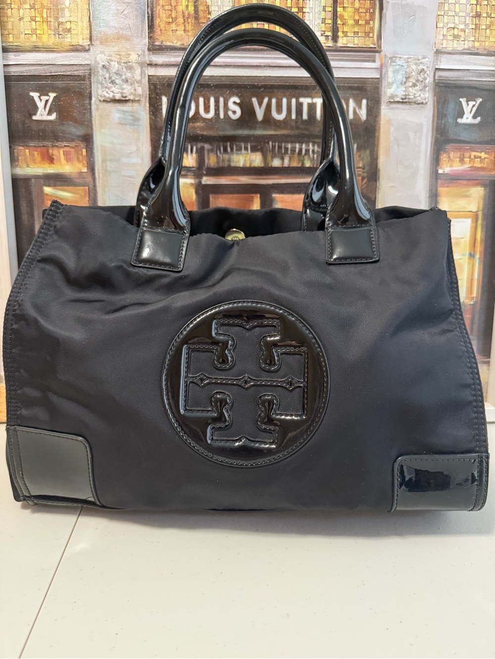 Tory Burch Black Nylon Tote Bag with Patent Leather Trim